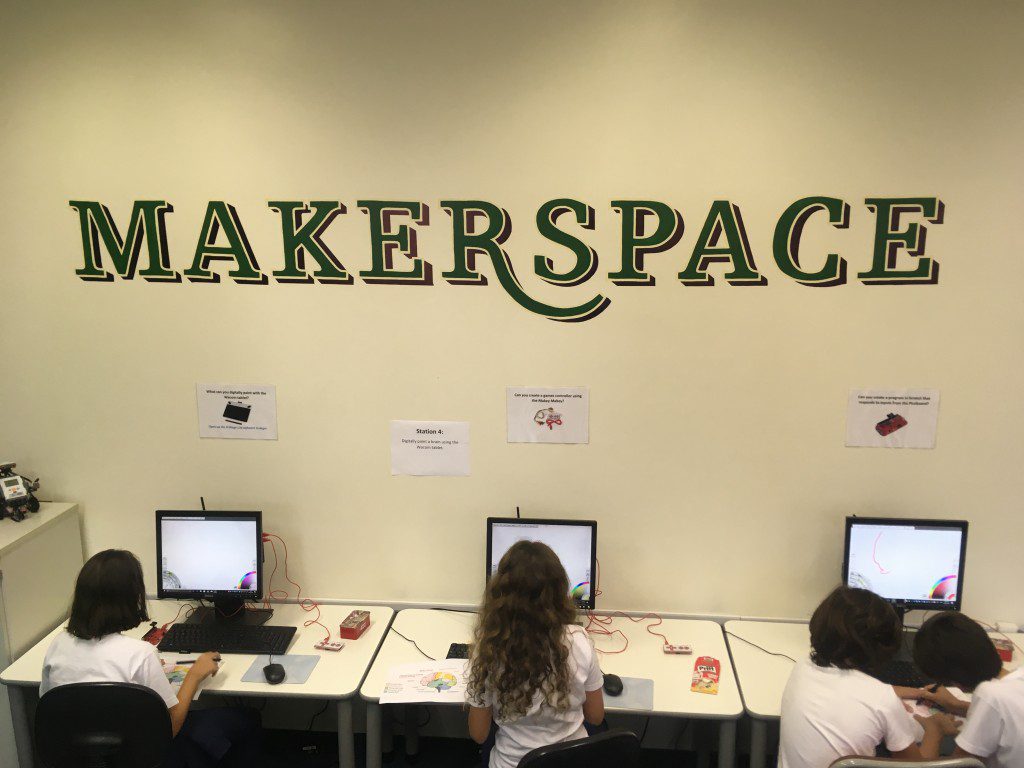Our makerspace has several different stations, including the one pictured here with access to makey makeys, picoboards and digital wacom drawing tablets. 