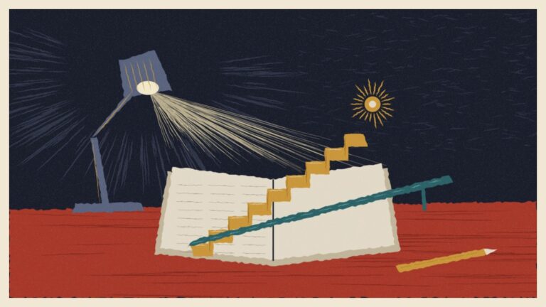 Linocut style illustration of an open exercise book under a desk lamp, with a staircase climbing the pages towards a glowing light and a straight slide cutting across it as a shortcut
