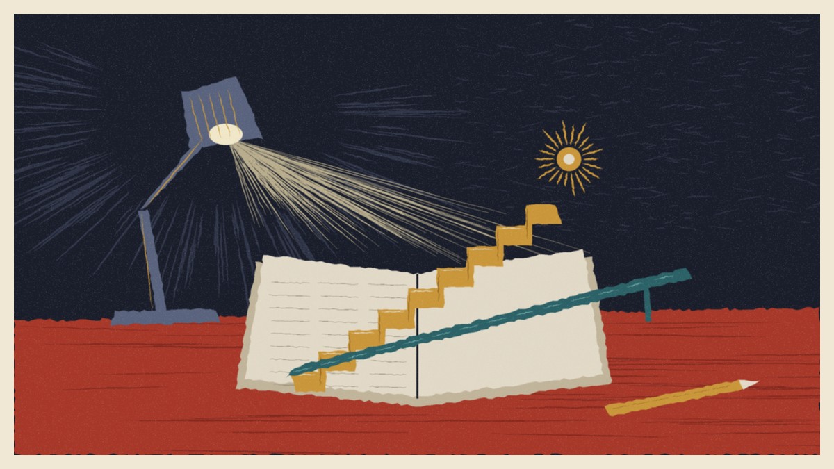 Linocut style illustration of an open exercise book under a desk lamp, with a staircase climbing the pages towards a glowing light and a straight slide cutting across it as a shortcut