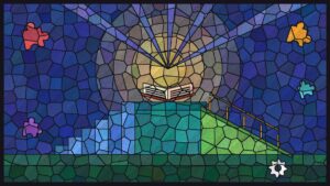 Stained glass style illustration of a staircase and a gentle ramp leading up to the same glowing open book, with jigsaw pieces and a small cog in the coloured panes