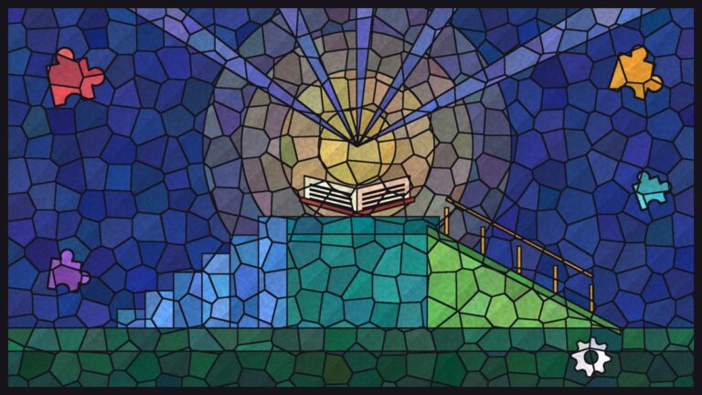 Stained glass style illustration of a staircase and a gentle ramp leading up to the same glowing open book, with jigsaw pieces and a small cog in the coloured panes