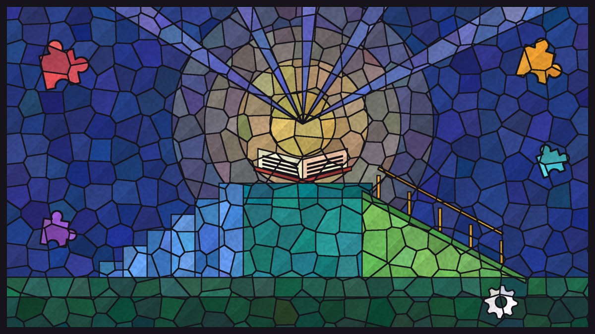 Stained glass style illustration of a staircase and a gentle ramp leading up to the same glowing open book, with jigsaw pieces and a small cog in the coloured panes