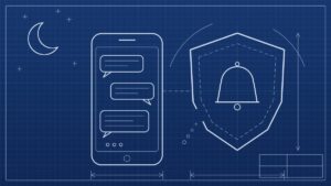 Blueprint-style line drawing of a smartphone showing chat bubbles beside a safety shield with a gap in its outline and a silent bell inside, under a crescent moon