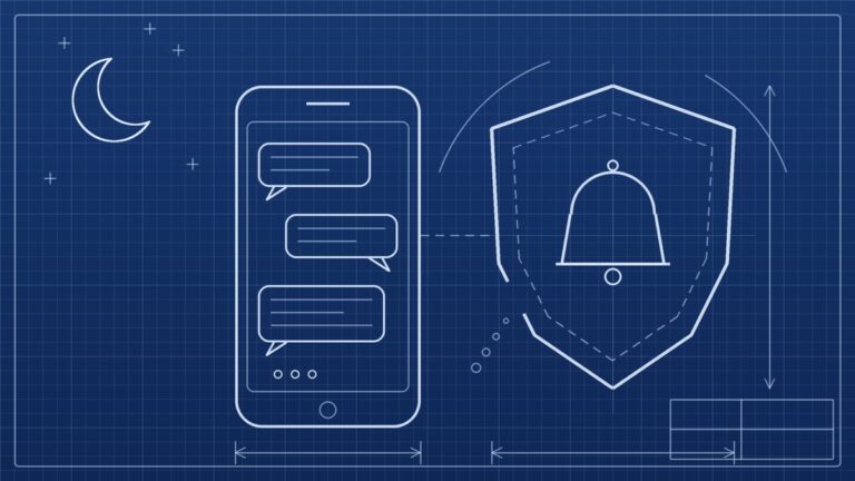 Blueprint-style line drawing of a smartphone showing chat bubbles beside a safety shield with a gap in its outline and a silent bell inside, under a crescent moon
