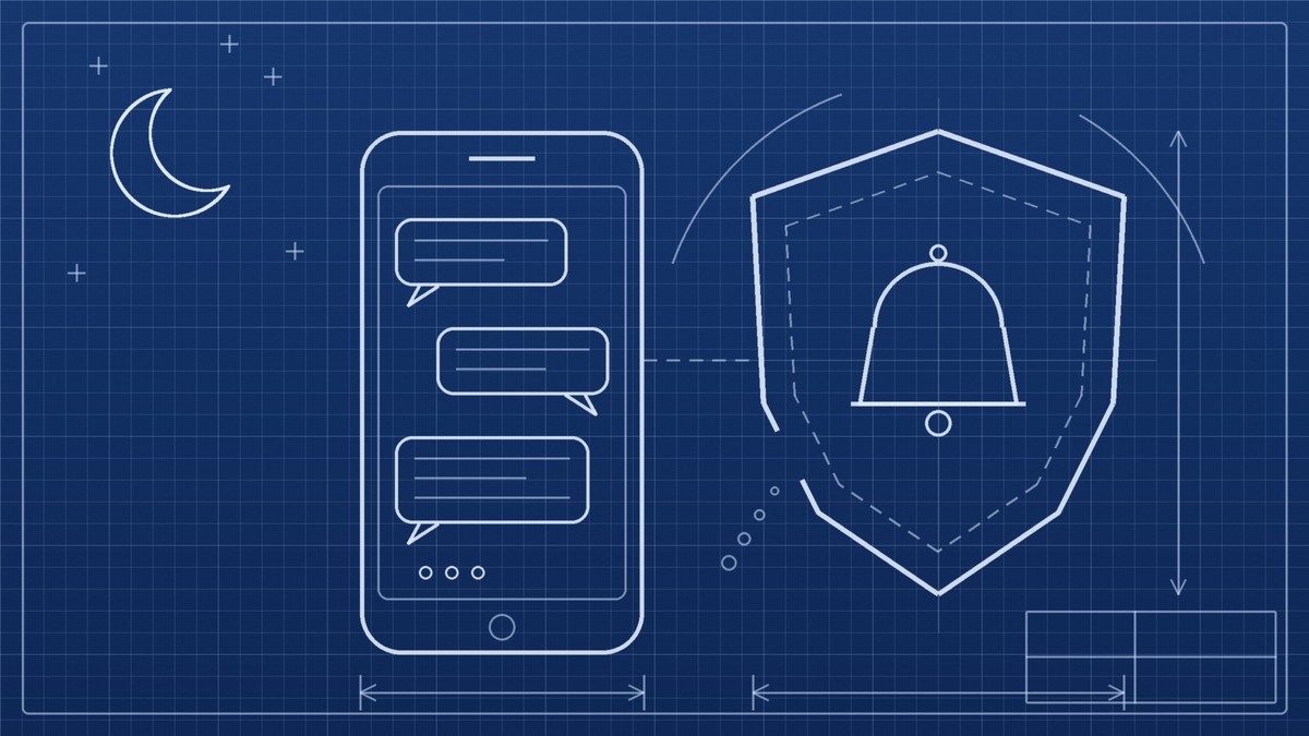 Blueprint-style line drawing of a smartphone showing chat bubbles beside a safety shield with a gap in its outline and a silent bell inside, under a crescent moon