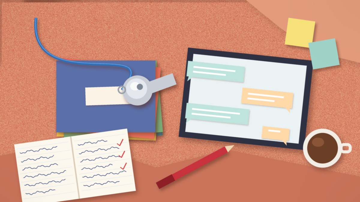Flat paper-cut style illustration of a teacher's desk seen from above, with a silver whistle resting on a stack of exercise books beside a tablet showing chat bubbles, a marked exercise book and a red pen