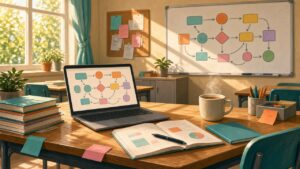 Illustrated teacher's desk in a sunny classroom with a laptop showing a lesson plan, resources and a mug of tea