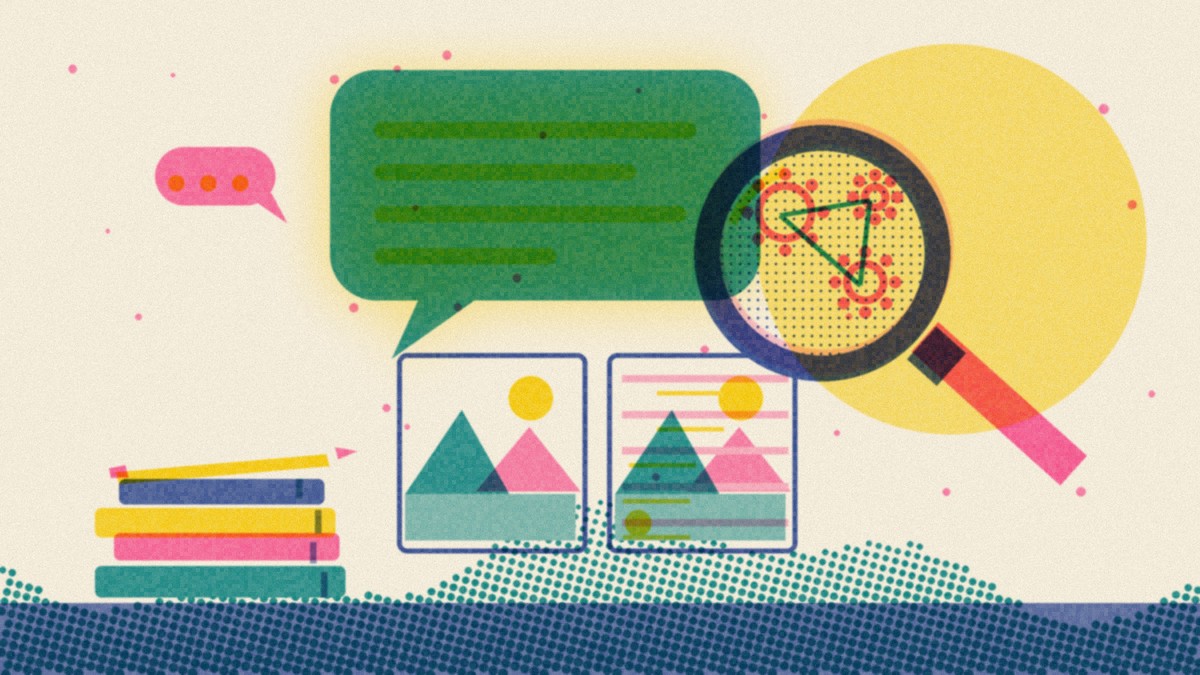 Risograph-style illustration of a magnifying glass examining a chatbot speech bubble, beside a real hillside picture and a glitched copy, with a stack of books and a pencil