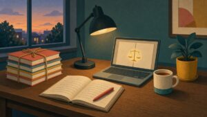 Illustration of a teacher's desk at dusk with a stack of exercise books tied with string, an open exercise book and red pen, and a laptop showing two pages side by side with a balance scale between them