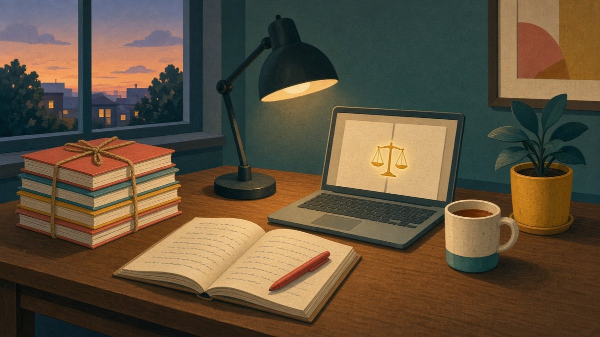 Illustration of a teacher's desk at dusk with a stack of exercise books tied with string, an open exercise book and red pen, and a laptop showing two pages side by side with a balance scale between them