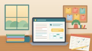 Illustration of a laptop on a classroom desk showing a student draft beside chatbot feedback and a rubric grid, with a ticked rubric sheet, exercise books and a mug of coffee