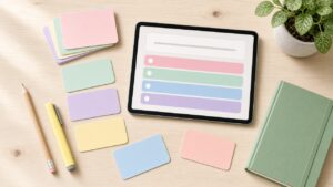 Flashcards spread on a desk beside a tablet showing a quiz, representing AI retrieval practice