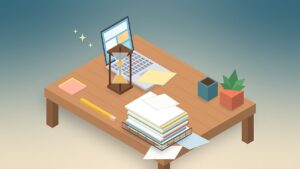 Isometric 3D-style illustration of a teacher's desk with an open laptop, an hourglass running low and a wire in-tray piled high with paper and folders, with loose sheets spilling over the edge of the desk