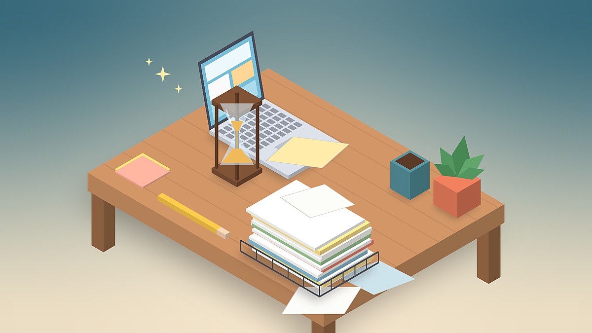 Isometric 3D-style illustration of a teacher's desk with an open laptop, an hourglass running low and a wire in-tray piled high with paper and folders, with loose sheets spilling over the edge of the desk