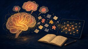 Illustration of a glowing brain passing notes and puzzle pieces to a tablet, representing cognitive offloading to AI