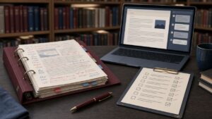 Coursework folder with annotated drafts beside a laptop and marking checklist in a library