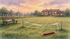 Watercolour illustration of an empty school sports field at dusk, with a finishing line tape, a relay baton on the grass and a camera resting on a closed laptop on a bench