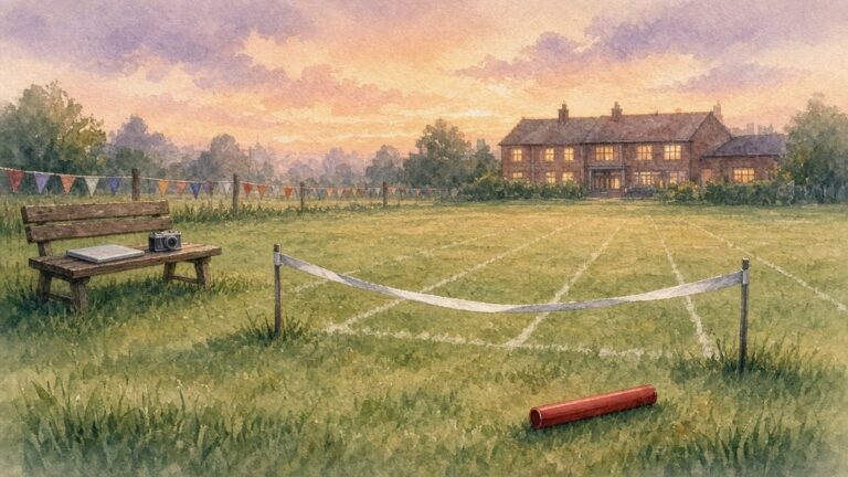 Watercolour illustration of an empty school sports field at dusk, with a finishing line tape, a relay baton on the grass and a camera resting on a closed laptop on a bench